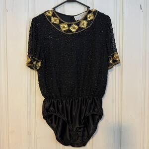 AJ Bari vintage black and gold short sleeve beaded body suit women's size 6